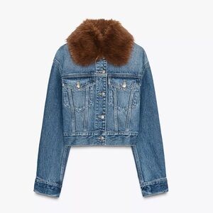 ZARA Denim Cropped Jacket with Fur Collar